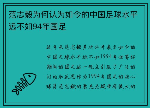 范志毅为何认为如今的中国足球水平远不如94年国足 范志毅为何认为如今的中国足球水平远不如94年国足