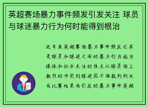 英超赛场暴力事件频发引发关注 球员与球迷暴力行为何时能得到根治