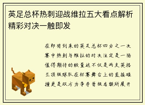 英足总杯热刺迎战维拉五大看点解析精彩对决一触即发