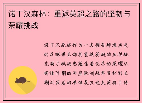 诺丁汉森林:重返英超之路的坚韧与荣耀挑战 诺丁汉森林:重返英超之路的坚韧与荣耀挑战