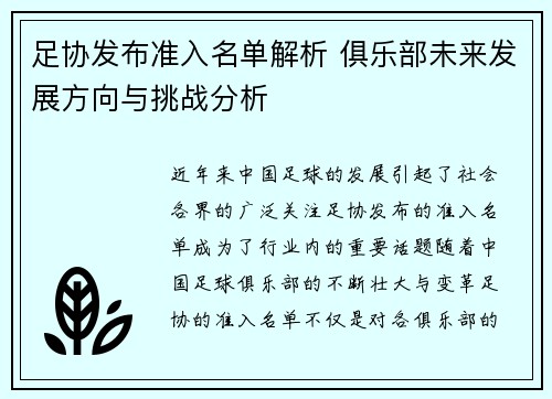 足协发布准入名单解析 俱乐部未来发展方向与挑战分析